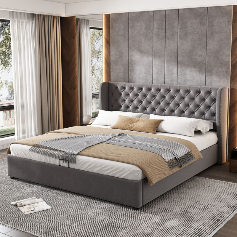 foto del prodotto letto contenitore letto matrimoniale imbottito per adulti 160 x 200 cm a forma di orecchio con rete a doghe, velluto, grigio