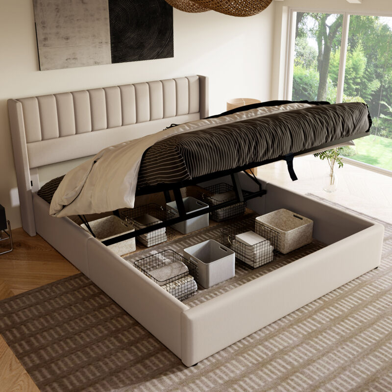 foto del prodotto letto contenitore letto matrimoniale imbottito per adulti 160 x 200 cm con rete a doghe, lino, beige, senza materasso, senza base
