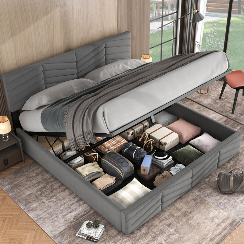 foto del prodotto letto contenitore letto matrimoniale imbottito per adulti 160 x 200 cm con testiera regolabile in altezza, velluto, grigio