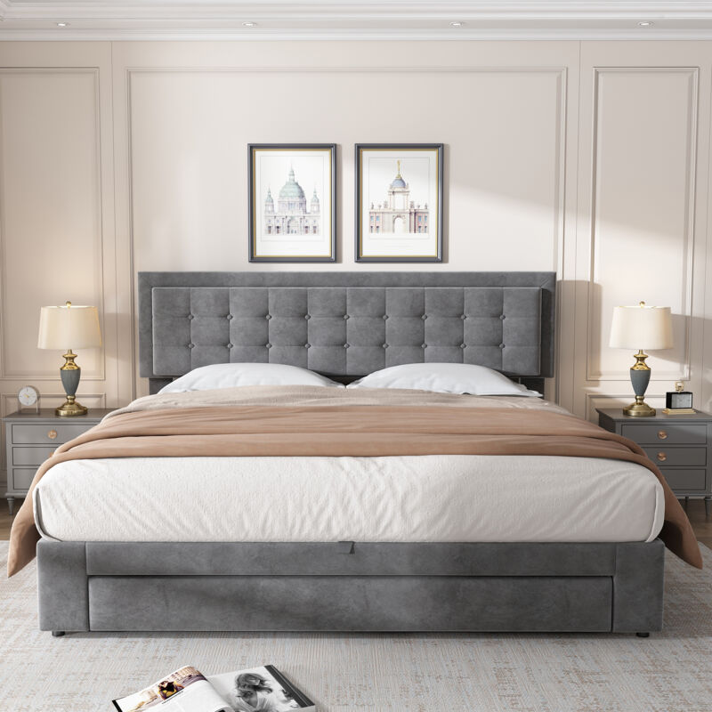foto del prodotto letto contenitore letto matrimoniale imbottito per adulti 180 x 200 cm con 2 cassetti e rete a doghe in legno, velluto, grigio