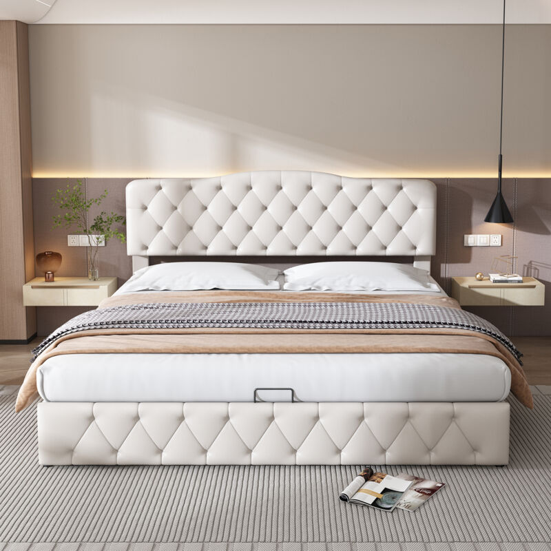 foto del prodotto letto contenitore letto matrimoniale imbottito per adulti 180 x 200 cm con rete a doghe e testiera regolabile, similpelle, bianco