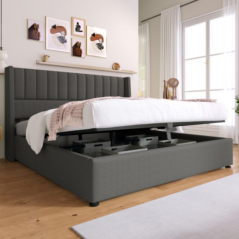 foto del prodotto letto contenitore letto matrimoniale imbottito per adulti 180 x 200 cm con rete a doghe, lino, grigio, senza materasso, senza base