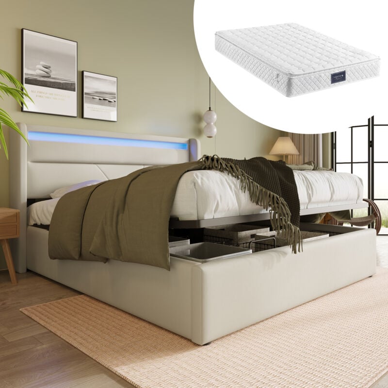 foto del prodotto letto contenitore letto matrimoniale per adulti 140 x 200 cm con led, bianco, materasso incluso