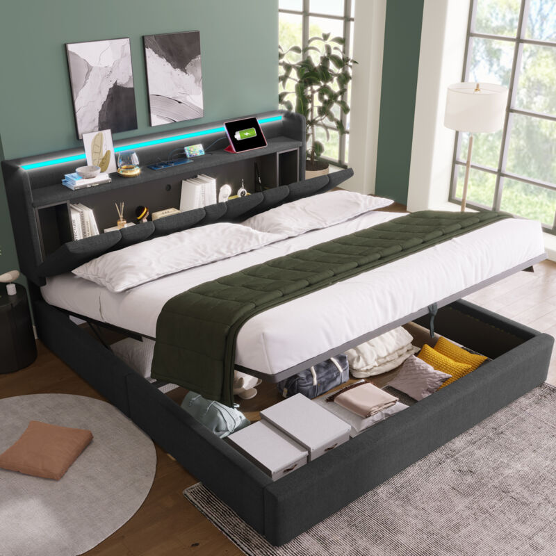 foto del prodotto letto contenitore letto matrimoniale per adulti 140 x 200 cm con ricarica usb e illuminazione a led. grigio. senza materasso