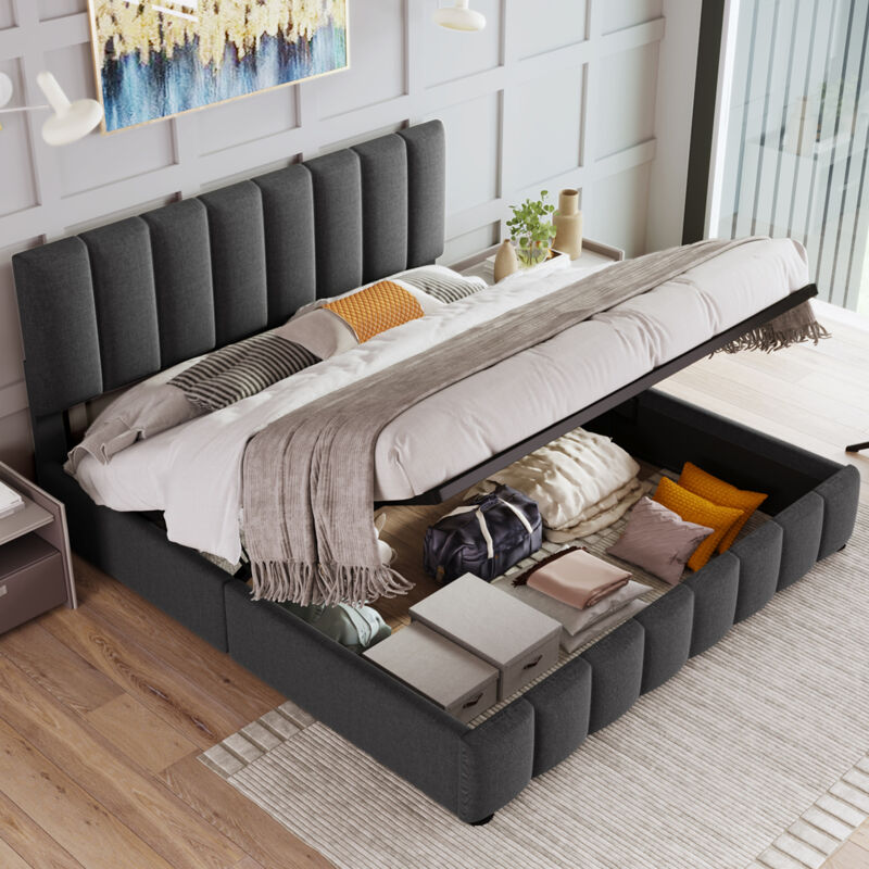 foto del prodotto letto contenitore letto matrimoniale per adulti 140 x 200 cm con testiera regolabile, rete a doghe metalliche. lino, grigio, senza materasso