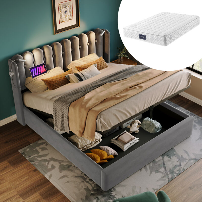 foto del prodotto letto contenitore letto matrimoniale per adulti 140 x 200 cm, lampada da lettura con ricarica, in velluto, grigio, materasso incluso