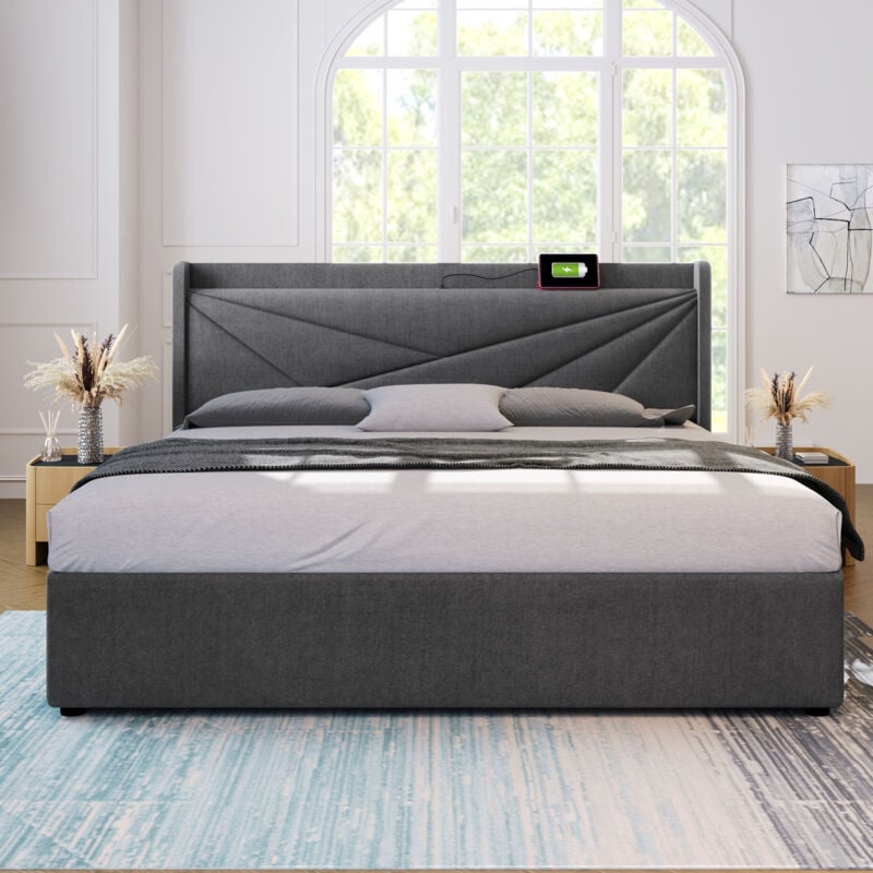 foto del prodotto letto contenitore letto matrimoniale per adulti 140 x 200 cm. ricarica usb tipo c. in lino. grigio. senza materasso