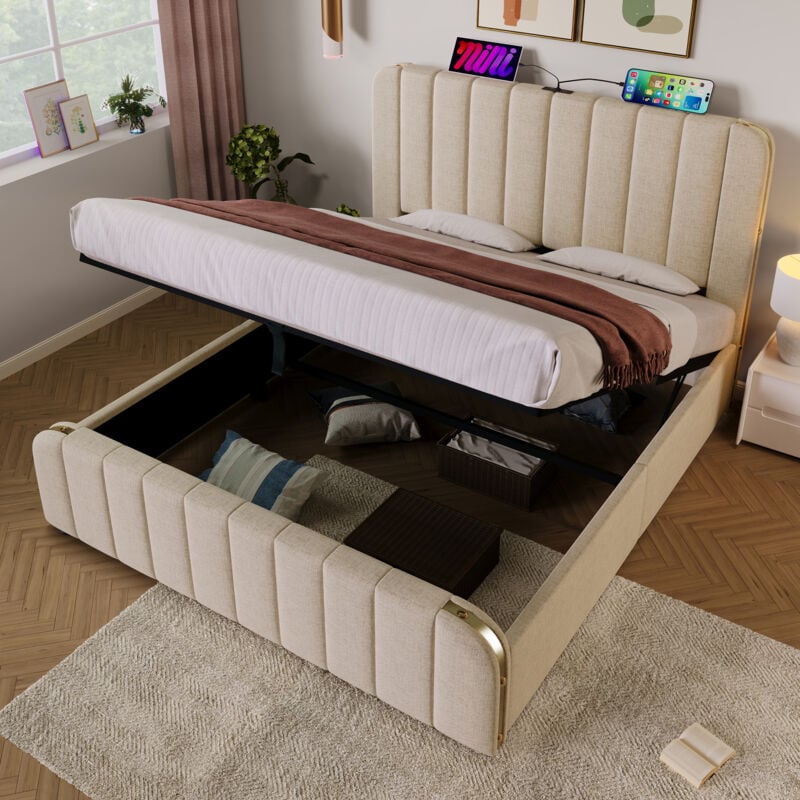 foto del prodotto letto contenitore letto matrimoniale per adulti 160 x 200 cm con funzione di ricarica usb type c, tessuto di lino, beige, senza materasso, senza fondo