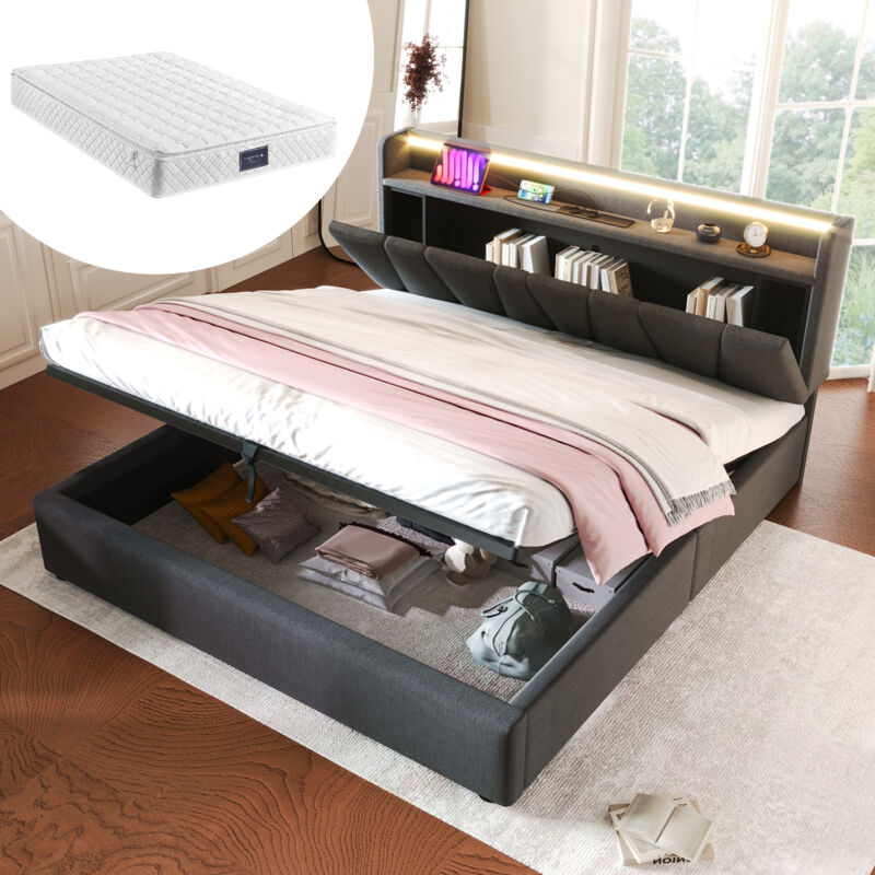 foto del prodotto letto contenitore letto matrimoniale per adulti 160 x 200 cm con ricarica usb e illuminazione a led. grigio. materasso incluso