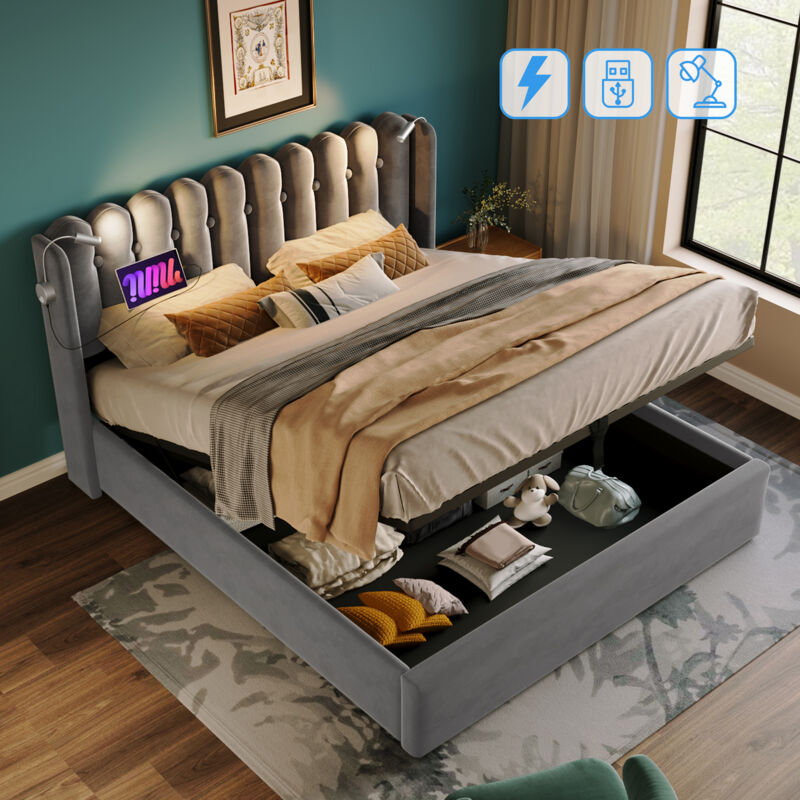 foto del prodotto letto contenitore letto matrimoniale per adulti 160 x 200 cm, lampada da lettura con ricarica, in velluto, grigio