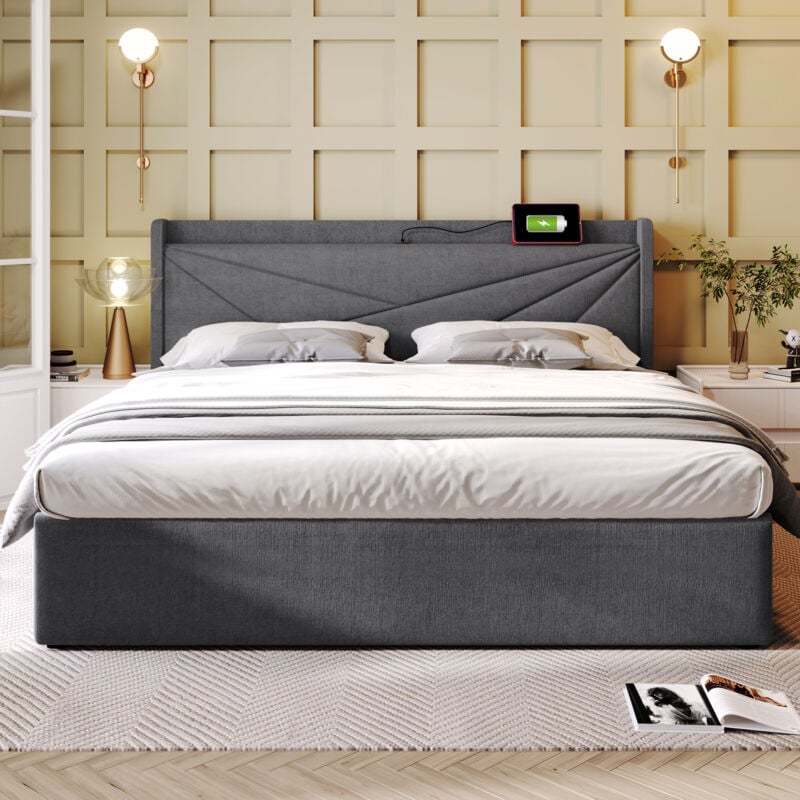 foto del prodotto letto contenitore letto matrimoniale per adulti 160 x 200 cm. ricarica usb tipo c. in lino. grigio. senza materasso