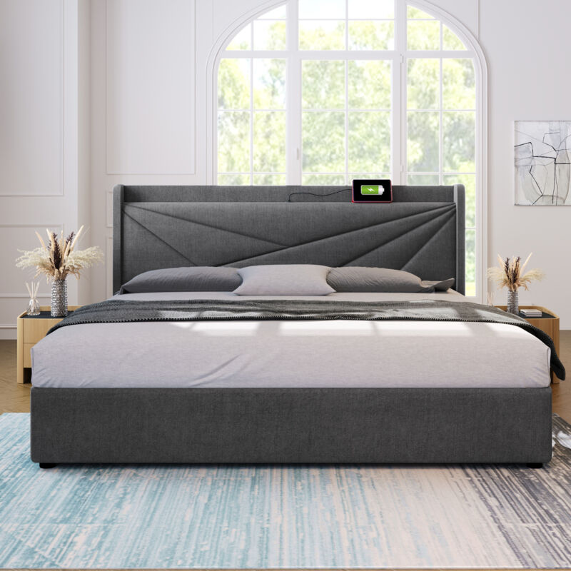 foto del prodotto letto contenitore letto matrimoniale per adulti 180 x 200 cm. ricarica usb tipo c. in lino. grigio. senza materasso