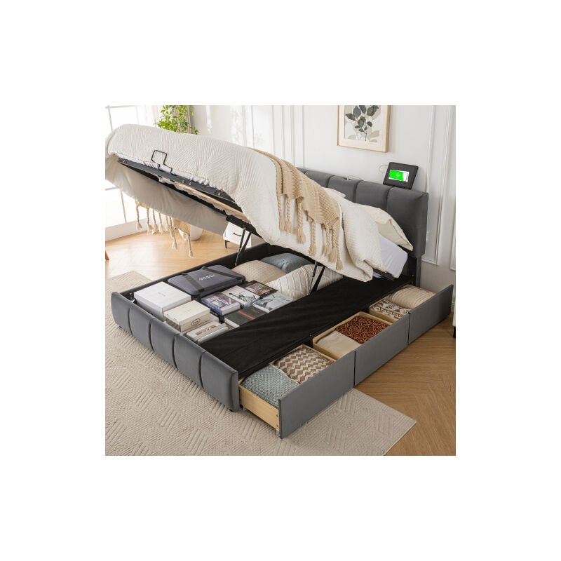 foto del prodotto letto contenitore letto per adulti letto imbottito 140x200 cm con 3 cassetti, testiera regolabile, 3 porte di ricarica, senza materasso, velluto,