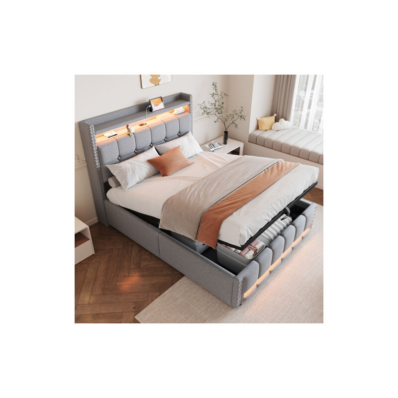 foto del prodotto letto contenitore letto per adulti letto imbottito 140x200cm con illuminazione a led e presa usb, testiera con ripiano e contenitore, senza