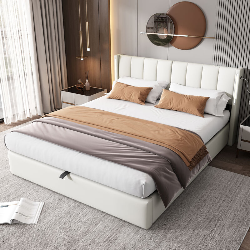 foto del prodotto letto contenitore letto per adulti letto imbottito 180 x 200 cm con porta usb ricaricabile, illuminazione led, pu, bianco