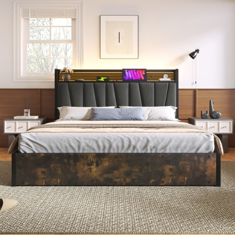 foto del prodotto letto contenitore letto per adulti letto in metallo 140 x 200 cm con testiera ricaricabile tramite usb, led e rete a doghe, grigio, materasso