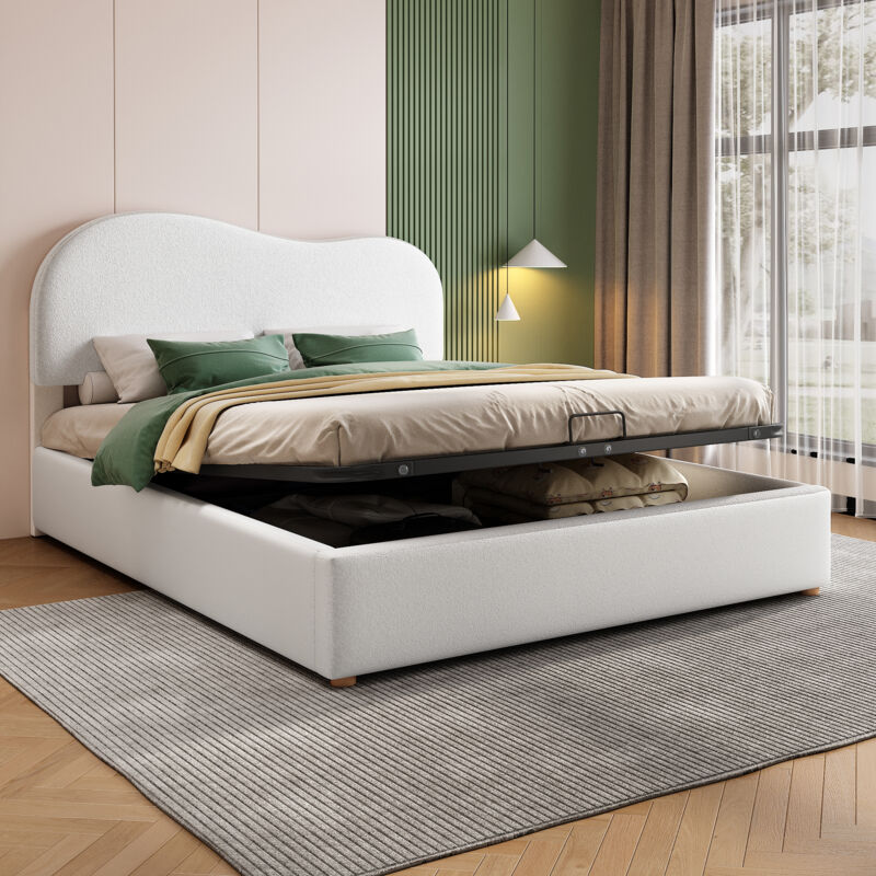 foto del prodotto letto contenitore letto per adulti matrimoniale 140 x 200 cm con testiera sagomata, rete a doghe metalliche, bianco