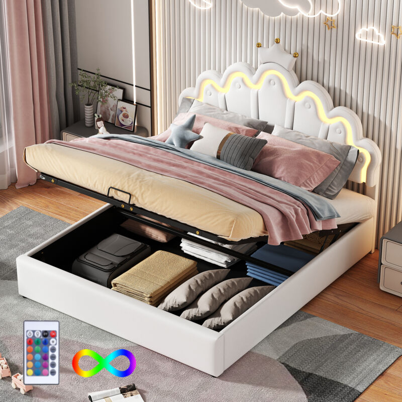 foto del prodotto letto contenitore letto per bambini imbottito 140 x 200 cm con luce d atmosfera regolabile, bianco