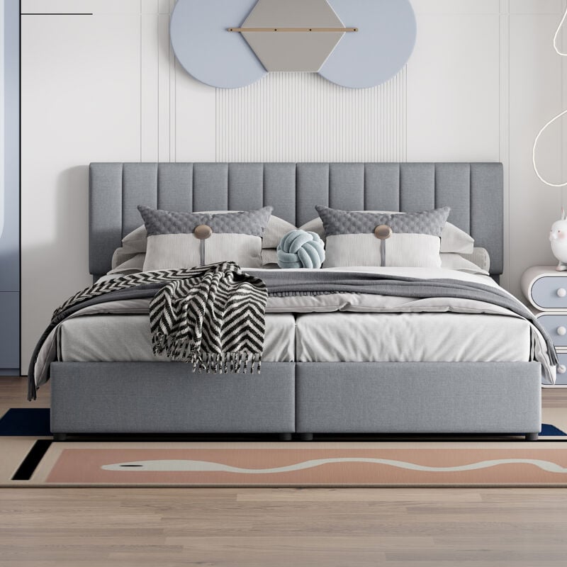 foto del prodotto letto contenitore letto per bambini letto imbottito 180 x 200 cm, idraulico, lino delicato sulla pelle, grigio