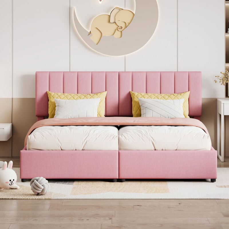 foto del prodotto letto contenitore letto per bambini letto imbottito 180 x 200 cm, idraulico, lino delicato sulla pelle, rosa