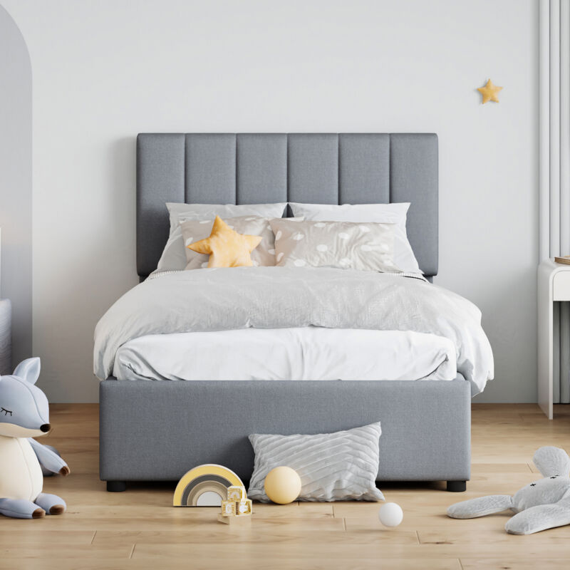 foto del prodotto letto contenitore letto per bambini letto imbottito 90 x 200 cm, idraulico, lino delicato sulla pelle, grigio