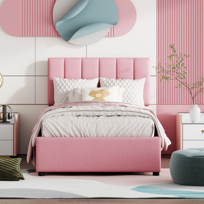 foto del prodotto letto contenitore letto per bambini letto imbottito 90 x 200 cm, idraulico, lino delicato sulla pelle, rosa