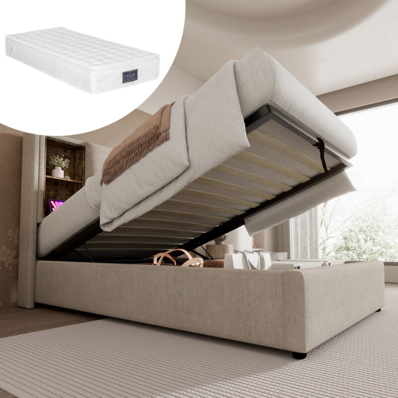 foto del prodotto letto contenitore letto singolo imbottito 90 x 200 cm con ricarica wireless usb c, rete a doghe in legno, lino naturale, materasso incluso