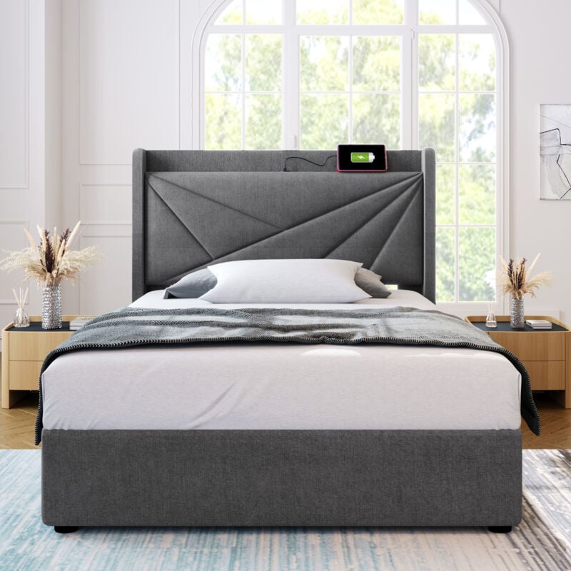 foto del prodotto letto contenitore letto singolo imbottito 90 x 200 cm. ricarica usb tipo c. in lino. grigio. senza materasso