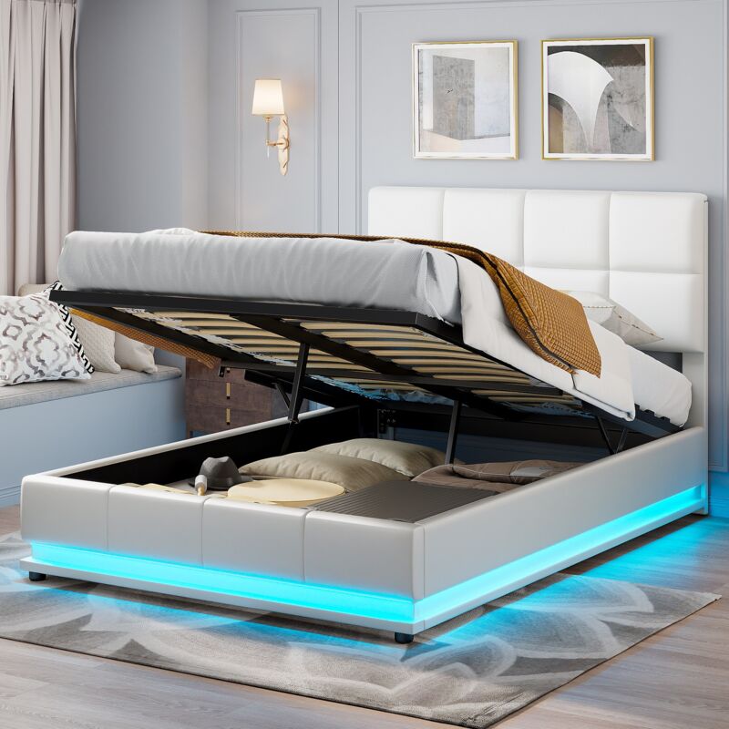 foto del prodotto letto contenitore matrimoniale 140x190 cm,letto imbottito con testiera illuminata a led, giroletto con contenitore, rete a doghe, letto adulto,