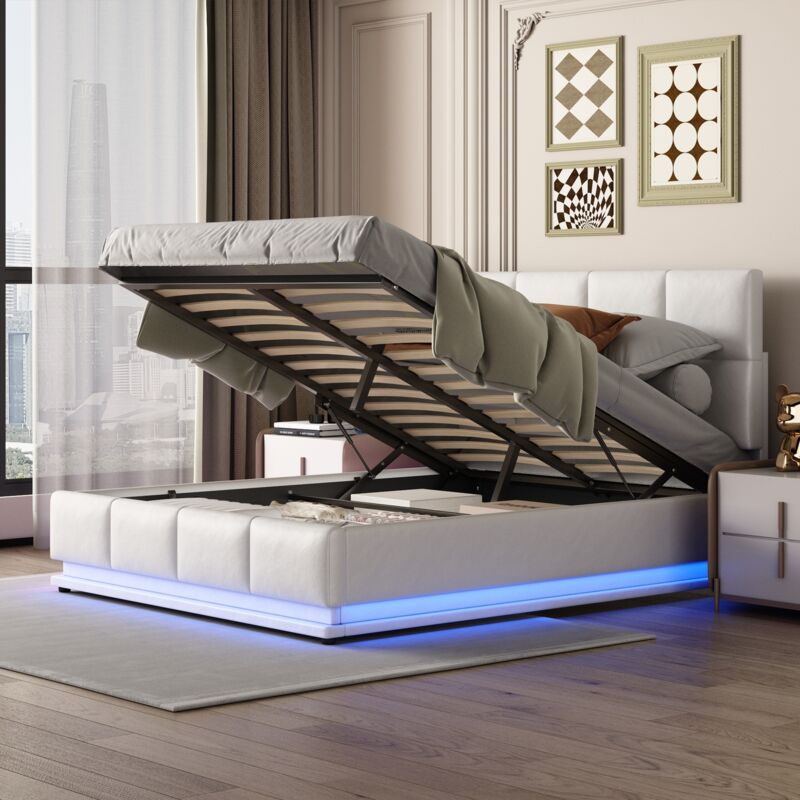 foto del prodotto letto contenitore matrimoniale 140x200 cm tessuto ecopelle, testiera con illuminazione a led, contenitore, rete a doghe, letto per adulti stile