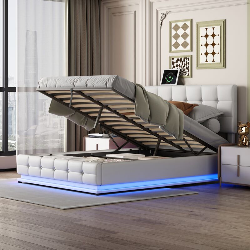 foto del prodotto letto contenitore matrimoniale 140x200 cm, testiera a righe verticali con illuminazione a led, contenitore idraulico, rete a doghe, letto imbottito,