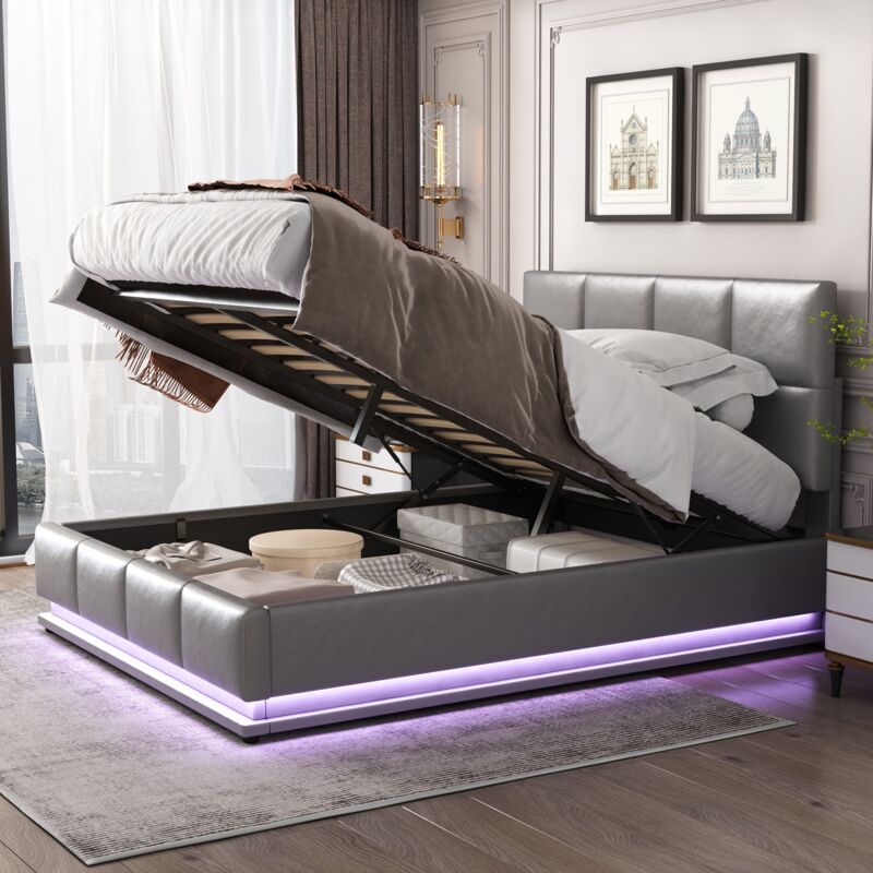 immagine 0 del prodotto letto contenitore matrimoniale 140x200 cm, testiera imbottita con illuminazione a led, spazio contenitore, rete a doghe, giroletto, letto per adulti,