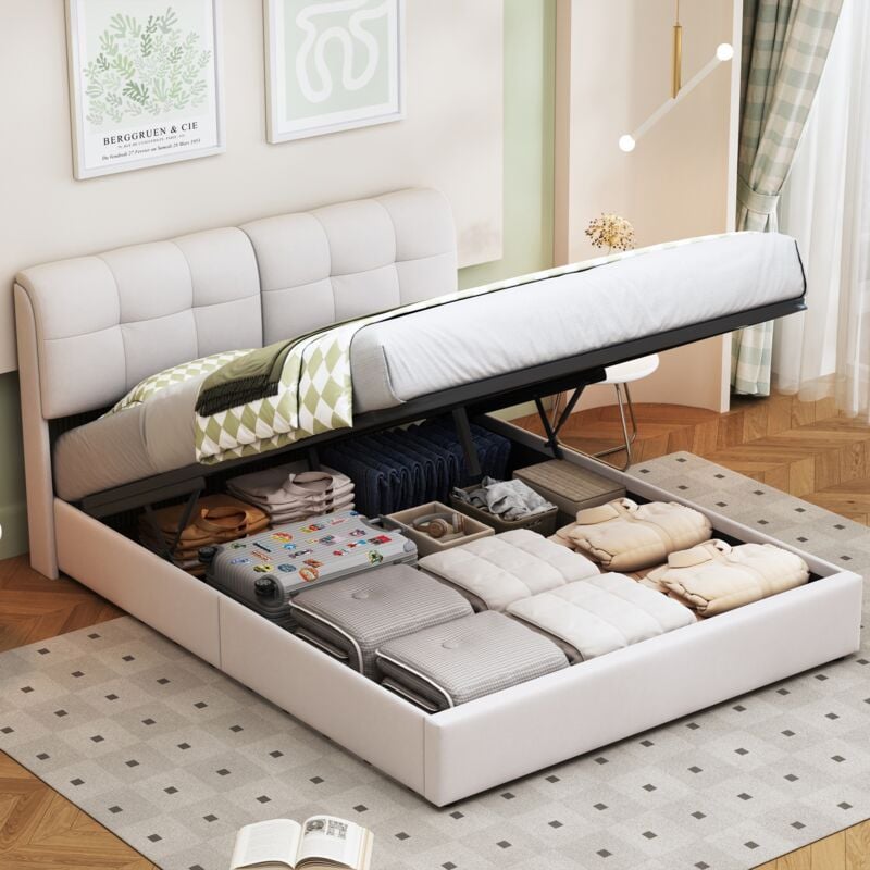 foto del prodotto letto contenitore matrimoniale 140x200cm, con contenitore idraulico, rete a doghe in legno, struttura in metallo, con testiera imbottita a led, letto