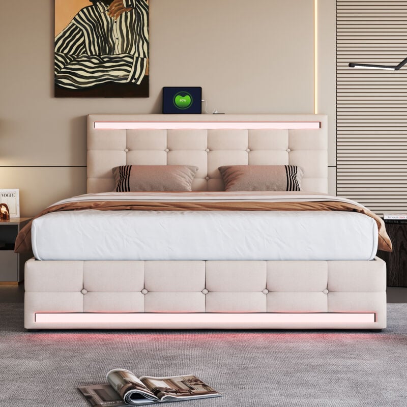 immagine 0 del prodotto letto contenitore, matrimoniale 140x200cm, con led, 2 porte usb per ricarica, testiera regolabile in altezza, con 4 cassetti, lino, beige