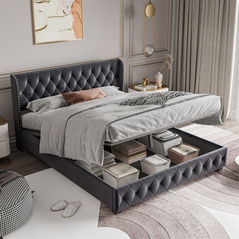 foto del prodotto letto contenitore matrimoniale 140x200cm con rete a doghe, testiera con rivetti laterali e motivo a rombi, velluto grigio scuro