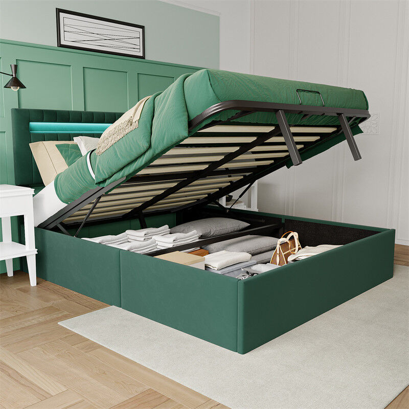 foto del prodotto letto contenitore matrimoniale 140x200cm con rete a doghe, testiera led regolabile in altezza, flanella verde