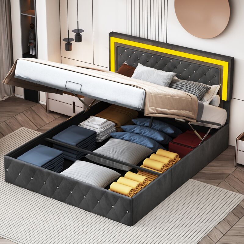 foto del prodotto letto contenitore matrimoniale 140x200cm - con rete a doghe, testiera regolabile rgb led, velluto con motivo a bottoni - nero