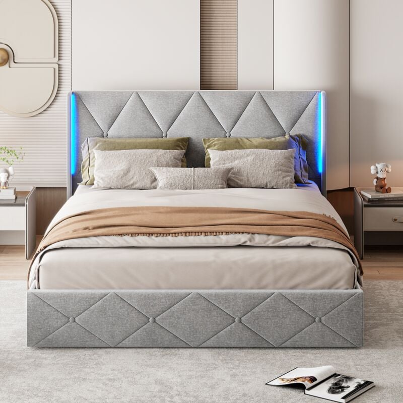 foto del prodotto letto contenitore matrimoniale 140x200cm con testiera a diamante, striscia luminosa a led, rete a doghe e contenitore integrato, giroletto, velluto,
