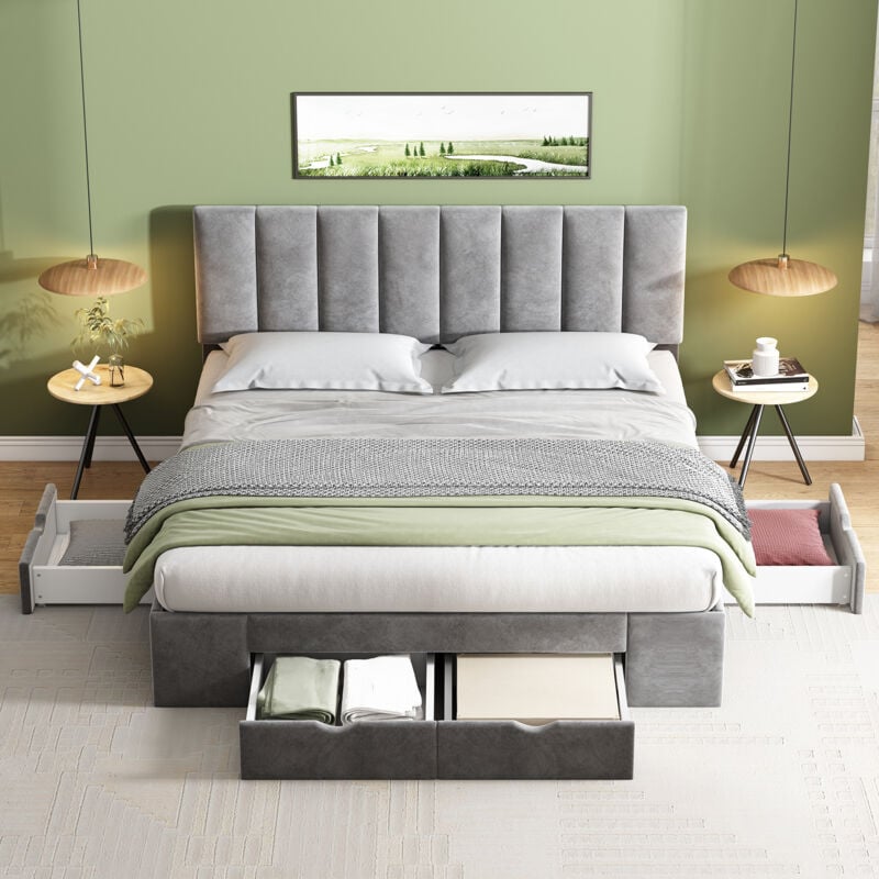 foto del prodotto letto contenitore matrimoniale 160 x 200 cm, con 4 cassetti, velluto, grigio materasso non incluso 