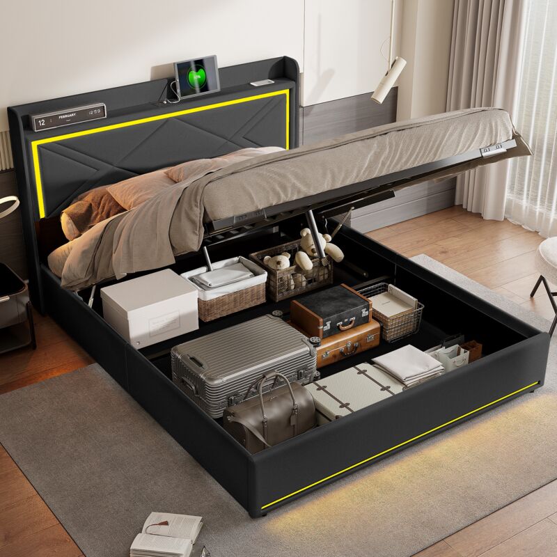 foto del prodotto letto contenitore matrimoniale 160x200 cm, testiera con illuminazione led e porta di ricarica usb, contenitore, rete a doghe, letto per adulti,
