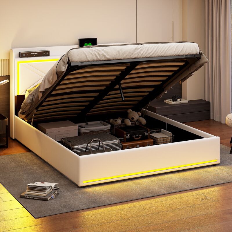 foto del prodotto letto contenitore matrimoniale 160x200 cm, testiera con illuminazione led e porta di ricarica usb, contenitore, rete a doghe, letto per adulti,