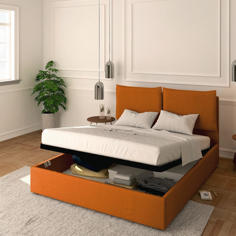 foto del prodotto letto contenitore matrimoniale 160x200 licia in ecopelle con rete a doghe colore arancione orange baldiflex
