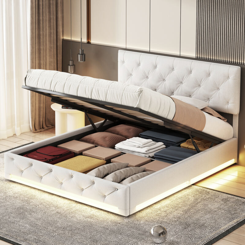 foto del prodotto letto contenitore matrimoniale 160x200cm con rete a doghe, testiera design a bottoni e fascia led, rivestimento in lino beige bianco
