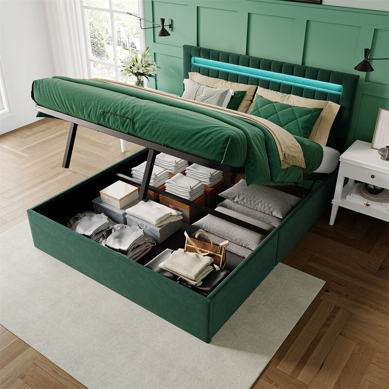 foto del prodotto letto contenitore matrimoniale 160x200cm con rete a doghe, testiera led regolabile in altezza, flanella verde