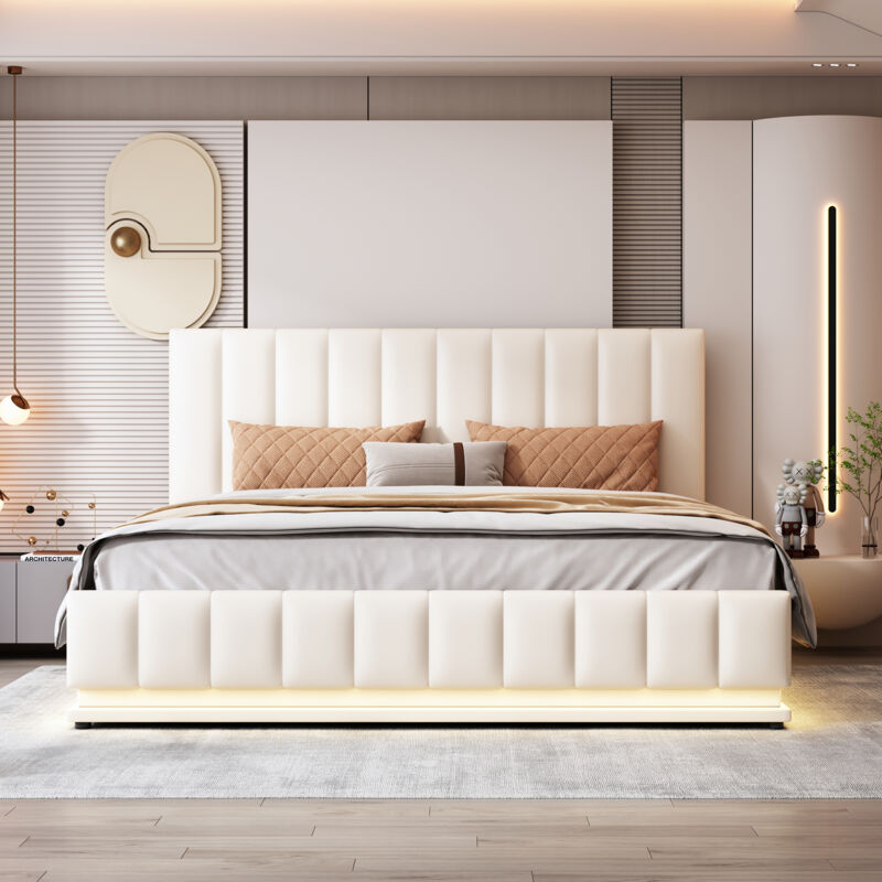 foto del prodotto letto contenitore matrimoniale con led, rete e testiera, senza materasso, bianco 160x200 cm