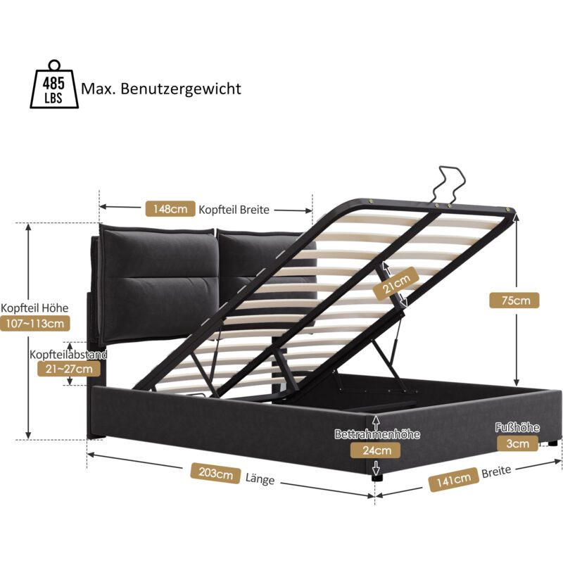 foto del prodotto letto contenitore matrimoniale con testiera regolabile, rete a doghe con struttura in metallo e vano contenitore, velluto, nero con materasso