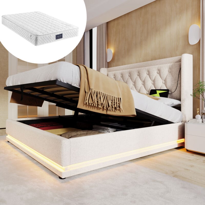 foto del prodotto letto contenitore matrimoniale imbottito 140 x 200 cm con funzione di ricarica usb type c e led, in cotone, beige, materasso incluso