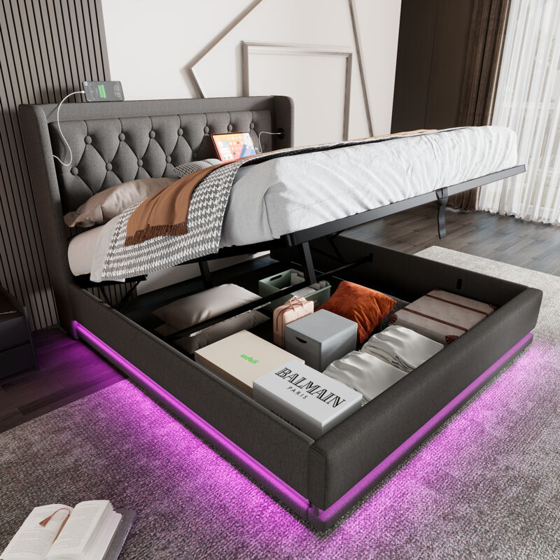 foto del prodotto letto contenitore matrimoniale imbottito 140 x 200 cm con funzione di ricarica usb type c e led, in cotone, grigio, senza materasso