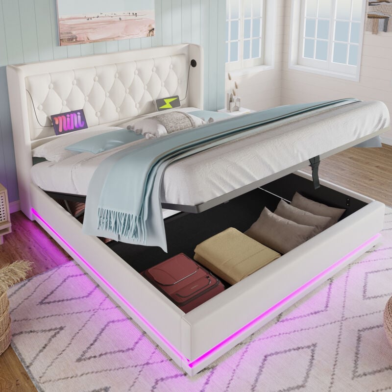 foto del prodotto letto contenitore matrimoniale imbottito 140 x 200 cm con funzione di ricarica usb type-c e led, in pu, bianco, senza materasso