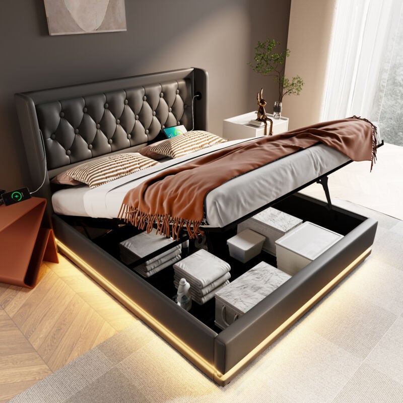 foto del prodotto letto contenitore matrimoniale imbottito 140 x 200 cm con funzione di ricarica usb type c e led, in pu, nero, senza materasso